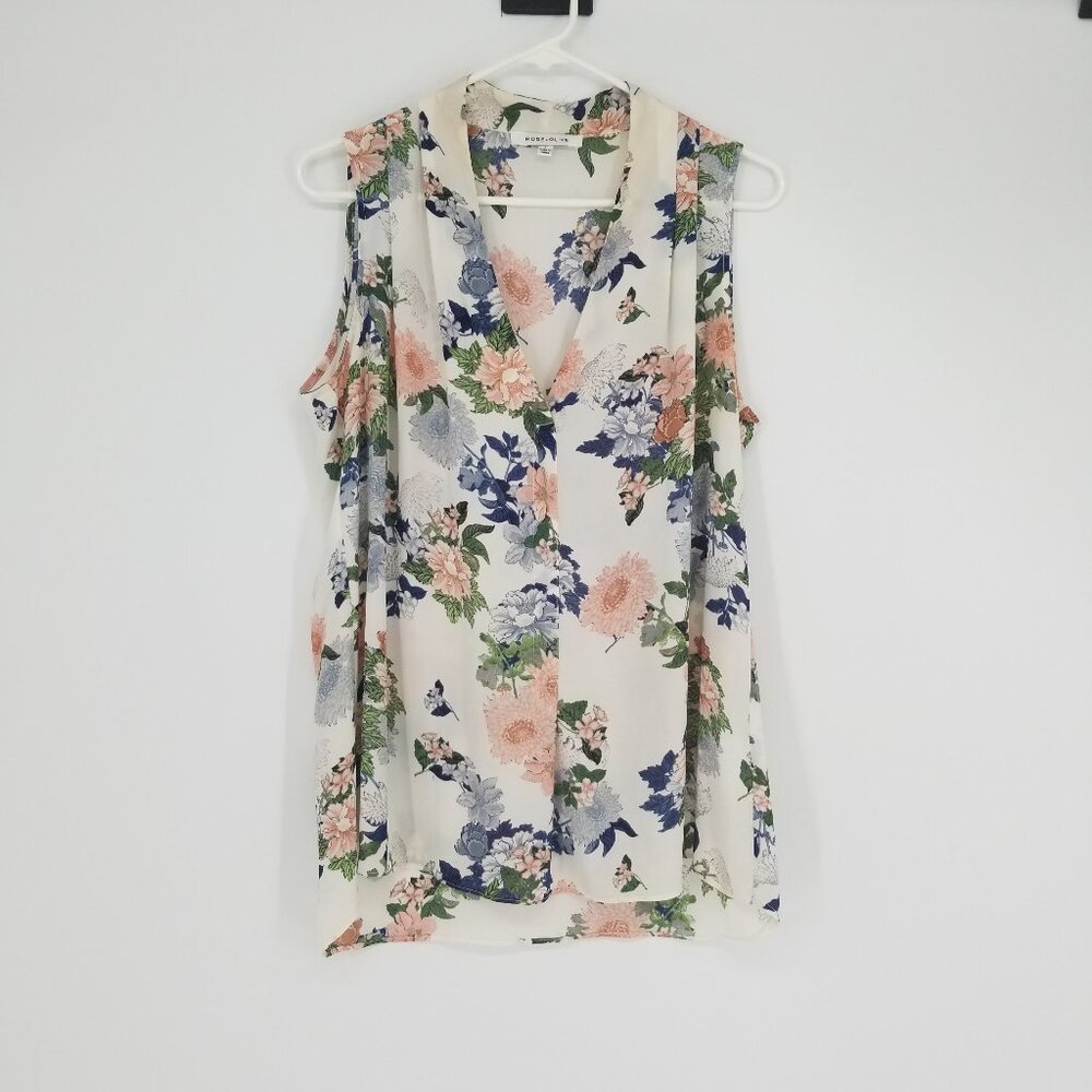 Rose & Olive Sleeveless Tank Blouse / Shell Floral V-neck, Lightweight & Cool, L